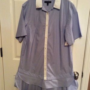 Light Blue Short-Sleeve Shirt Dress with White Trim